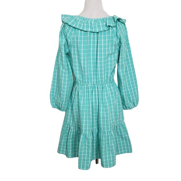 J Crew Factory Seersucker Ruffleneck Mini Dress Womens Size 6 Aqua Plaid Cotton - Picture 12 of 15